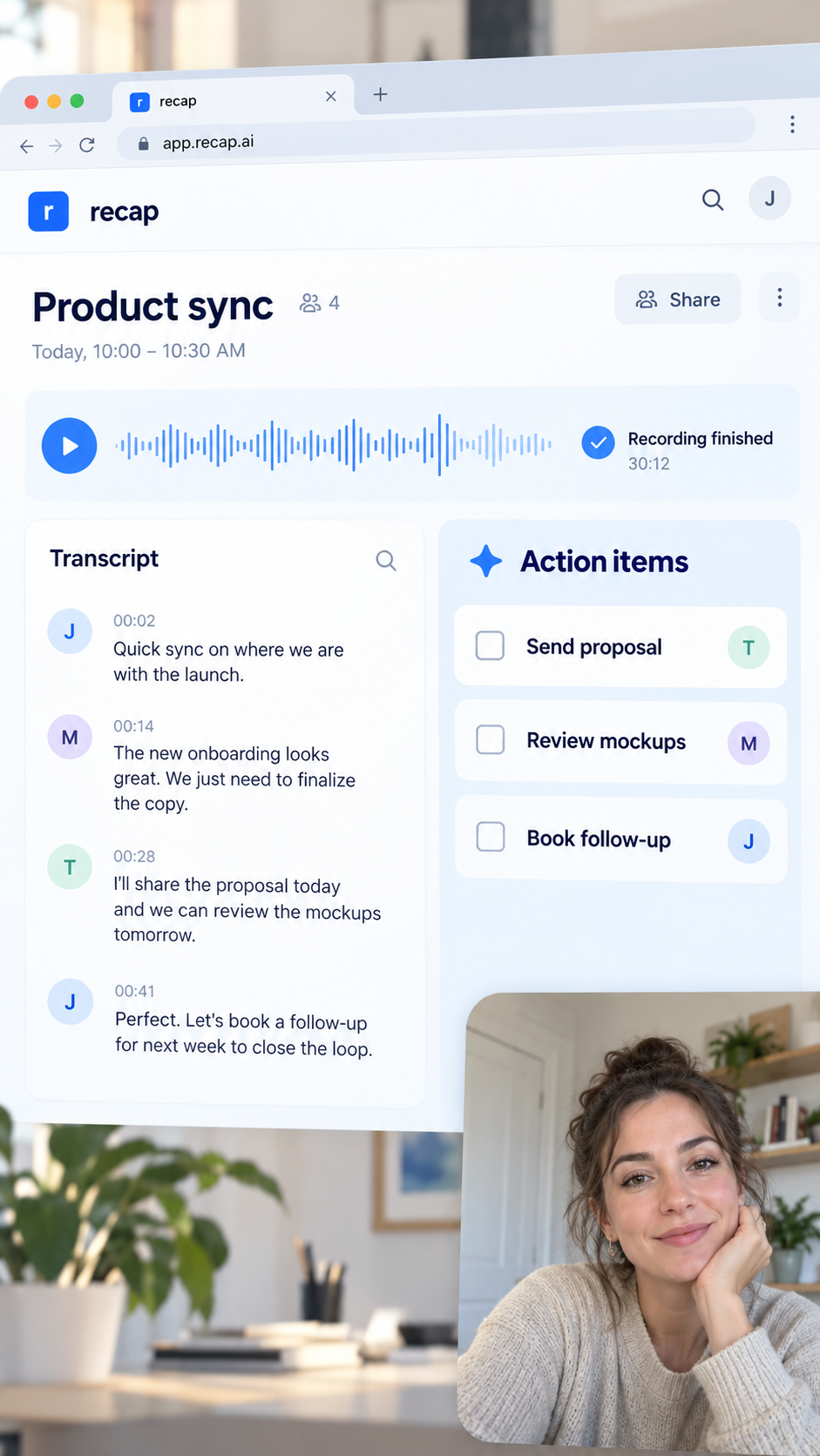 Recap meeting assistant showing a Product sync transcript and action items, with Emily in the facecam